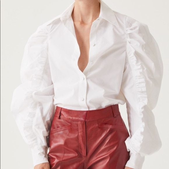 H&M BNWT Voluminous Cotton Button Up Shirt with Ruffled Sleeve Silhouette - Picture 1 of 7